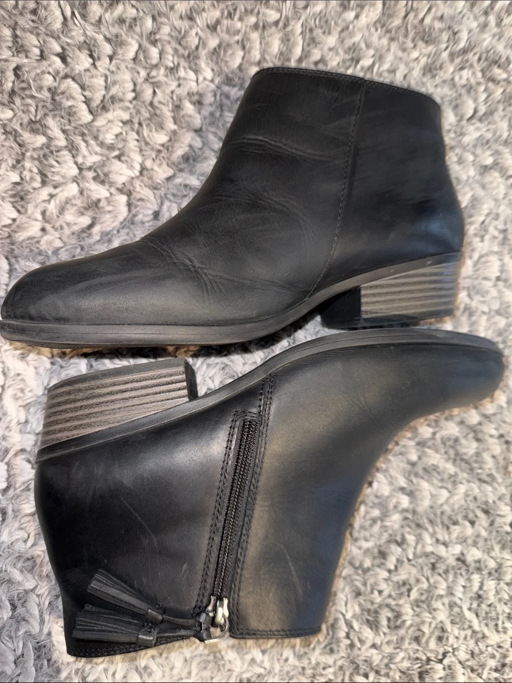 Clarks Black Leather Ankle Booties with Low Stacked Heel
